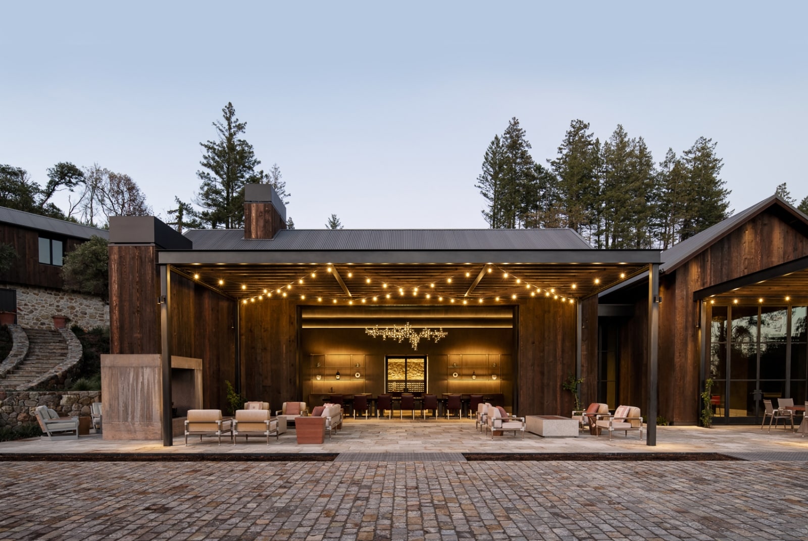 Mayacamas Estate tasting room exterior with fairy lights