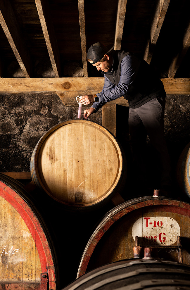 Winemaker testing wine in barrel