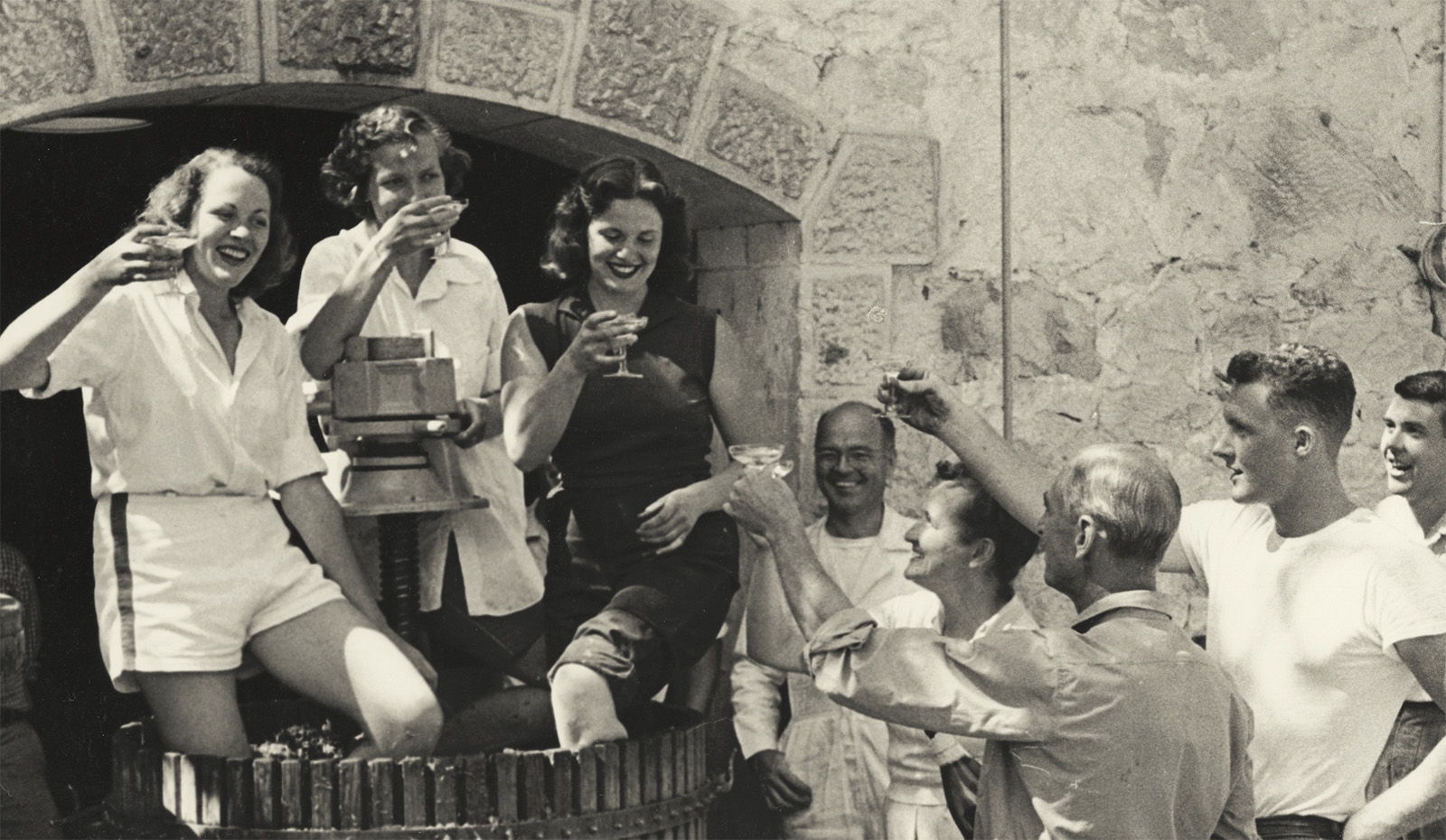 Historical photo of grape crushing at Mayacamas