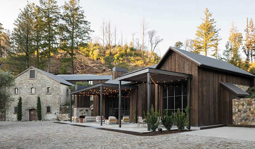 View of tasting room and property from courtyard at Mayacamas estate