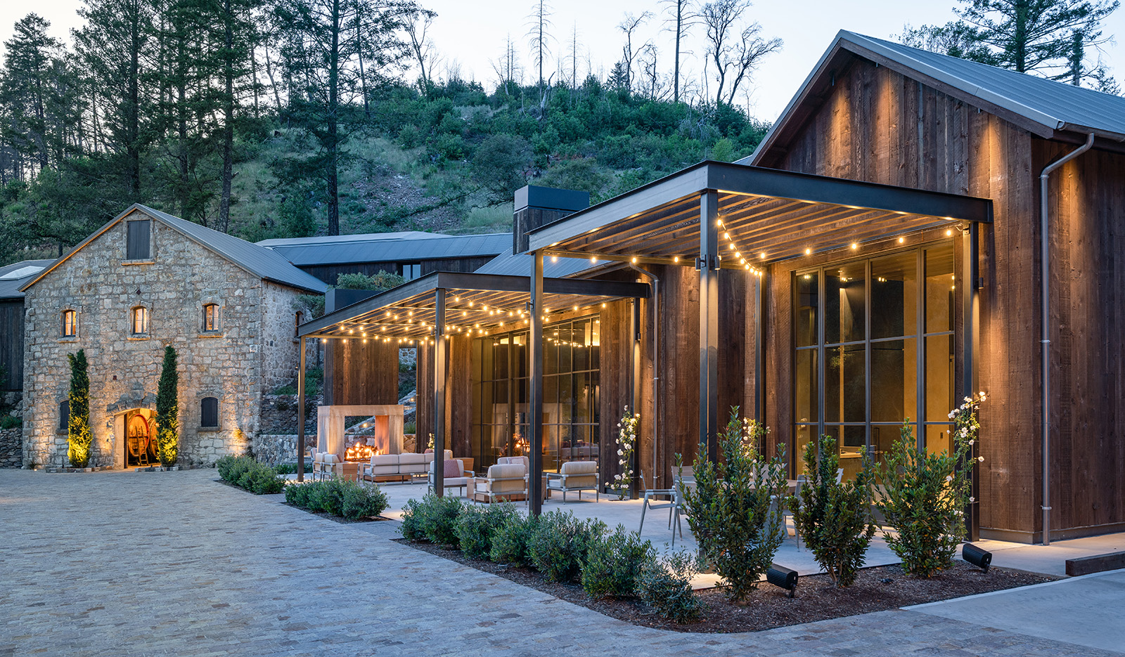 Outside of Mayacamas tasting area at dusk light with fairy lights