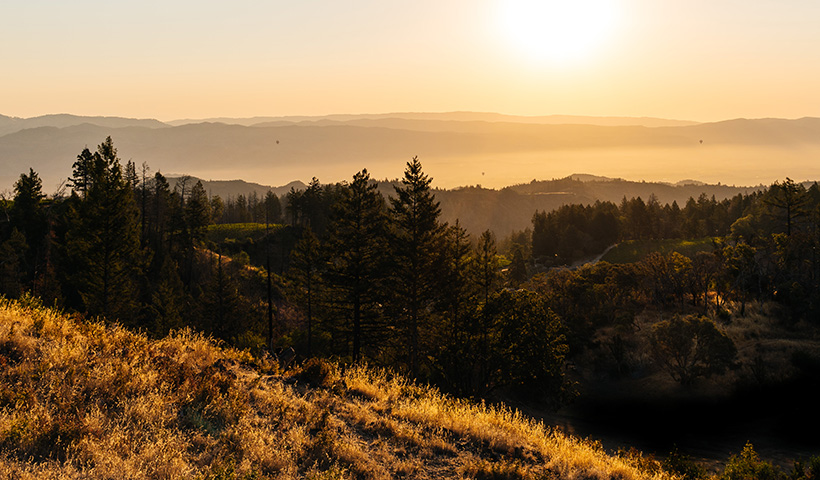 View of Mayacamas mountains at sunset from Mayacamas Estate